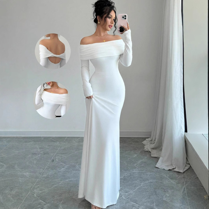 2025 Foreign Trade Aliexpress European and American Clothing Cross Backless Sexy One-Neck Dress Elegant Long Skirt Evening Dress