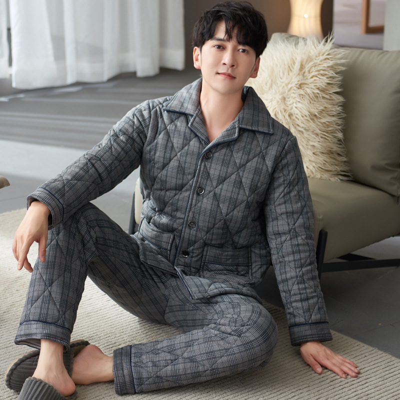 2025 Winter New Style Warm and Thickened Pure Cotton Three-Layer Quilted Men's Suit Cotton Jacket Home Wear Pajamas