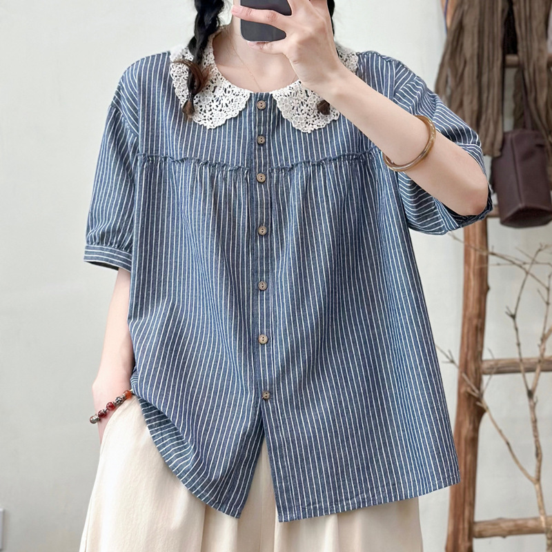 Retro Artistic Cotton and Linen Striped Shirt for Women with Lace Doll Collar, Loose Fit, Plus Size, Lace Striped Shirt, Factory Wholesale