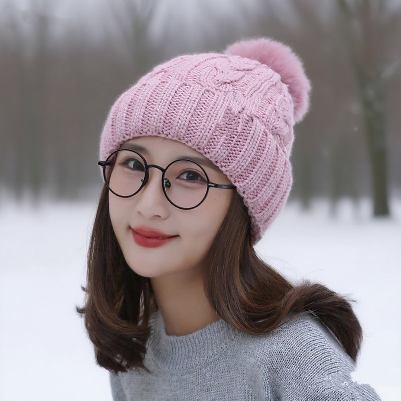 Cappello lavorato a maglia caldo foderato in pile, per ciclismo all'aperto, all'ingrosso, in filato spesso, con pompon, per autunno e inverno, da donna_voghion.com