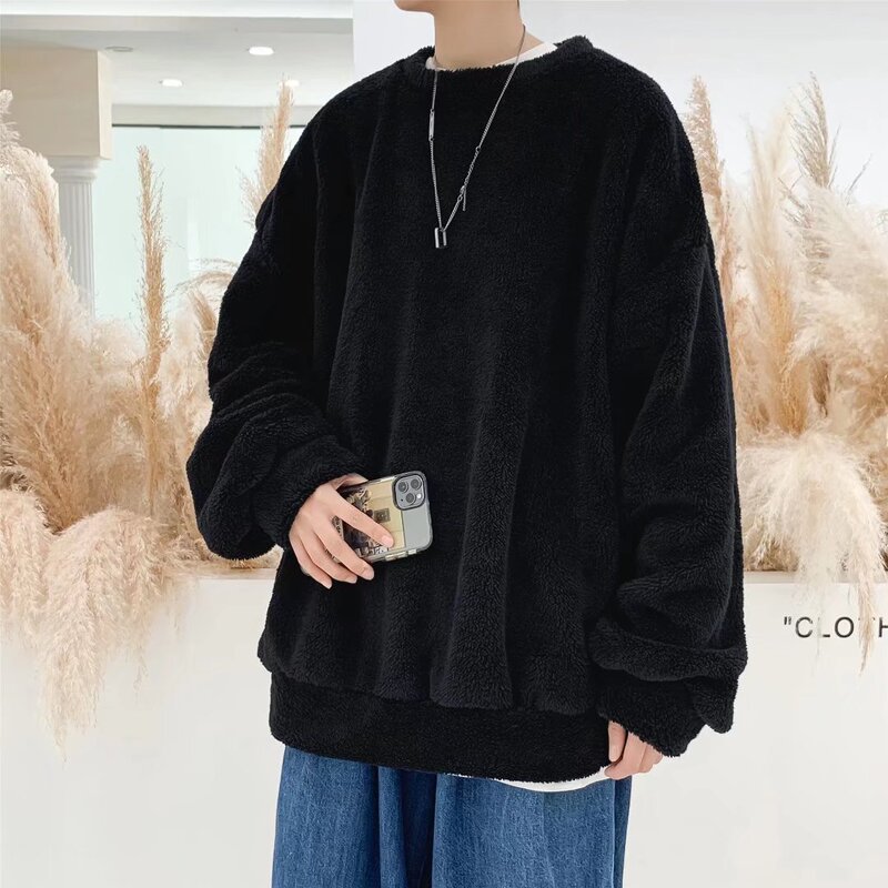 Winter Lamb Velvet fleece-lined Thickened Wool Sweatshirt Men's Hoodless Pure Black Thick Warm Clothes Loose Pullover Round Neck Winter Lamb Velvet fleece-lined Thickened Wool Sweatshirt Men's Hoodless Pure Black Thick Warm Clothes Loose Pullover Round Neck