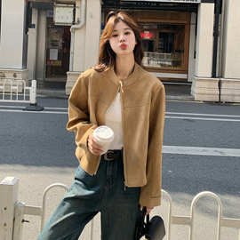 卡其色麂皮绒夹克女短款2025春季新款韩版复古休闲时尚设计感外套