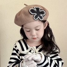 儿童秋冬帽子女童蓓蕾帽公主风珍珠花朵小孩画家帽春秋宝宝贝雷帽