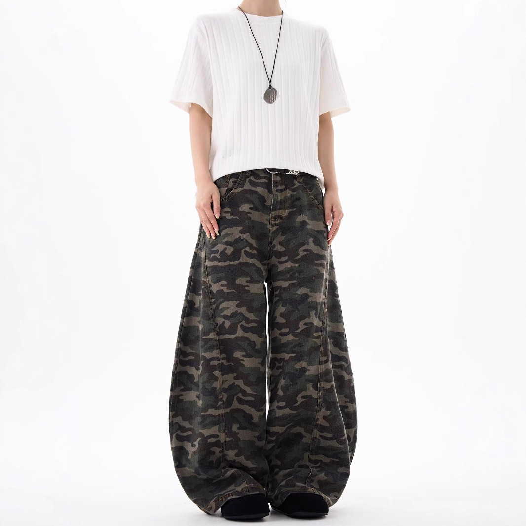 Jean cargo camouflage rétro, pantalon de travail à jambes larges, modèle multipoches pour hommes et femmes._voghion.com