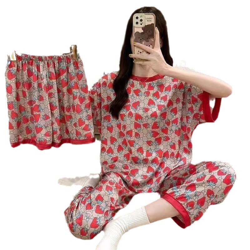 [conjunto de tres piezas] pijamas de mujer nuevo cuello redondo de verano manga corta ropa casera casual pantalones cortos sueltos set