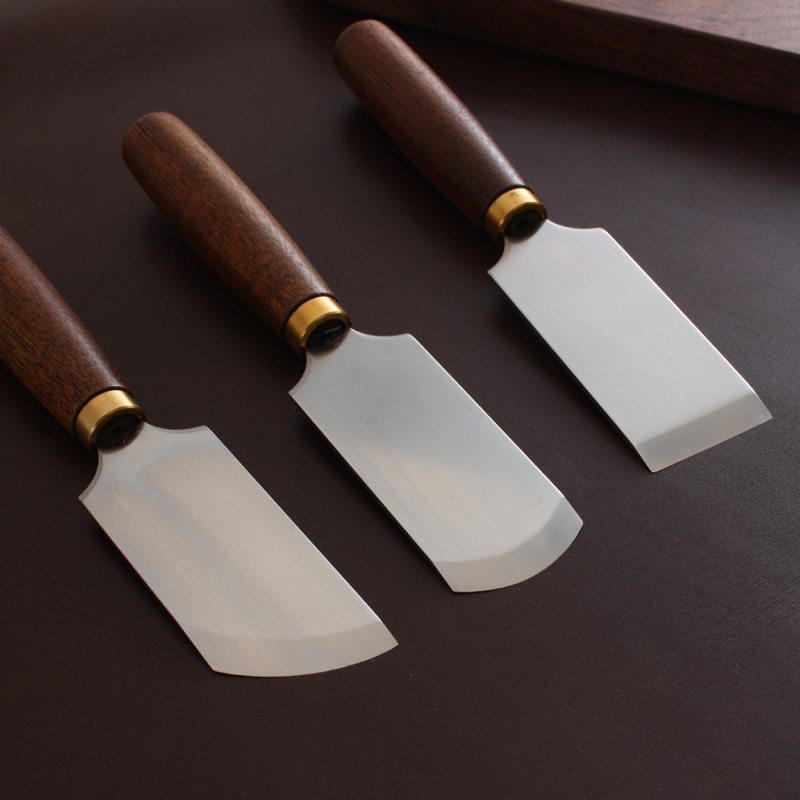 D2日式削薄刀胡桃木柄 裁皮刀 斜刀圆刀手工DIY皮革皮具刀下料刀