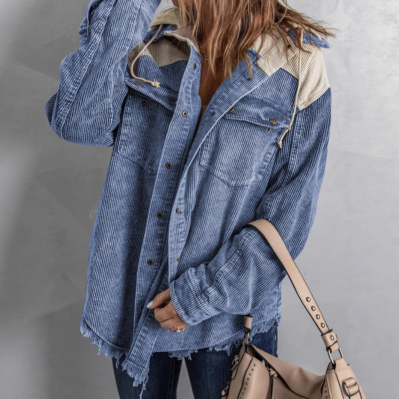 Shiying Autumn and Winter New Color-Blocked Buttoned Hooded Corduroy Jacket for Women European and American Cross-Border Single-Breasted Long-Sleeved Jacket for Women Shiying Autumn and Winter New Color-Blocked Buttoned Hooded Corduroy Jacket for Women European and American Cross-Border Single-Breasted Long-Sleeved Jacket for Women