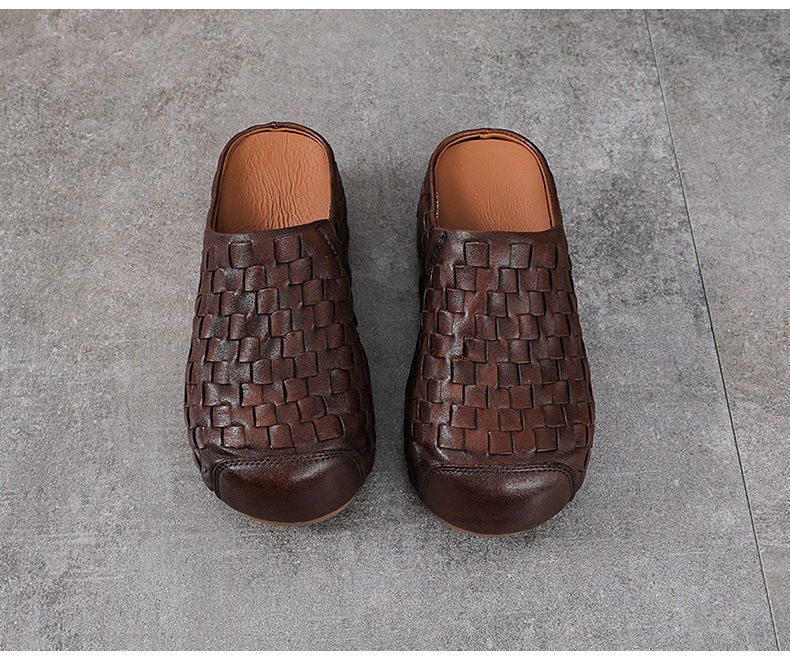 Sandal cao gót nữ da thật mũi nhọn đan thủ công, gót 9 cm — màu nâu chi tiết 14
