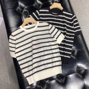 Striped Women's Short-Sleeved T-Shirt Women's Summer Thin French High-End Ice Silk Small Knitwear Women's Tops