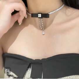 满钻皮质黑蝴蝶结项圈项链百搭颈饰千金名媛风颈带choker