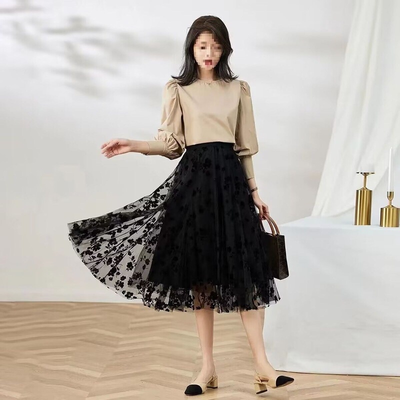Floral Mesh Skirt 2026 New Style Mid-Length Versatile High-Waisted Slimming A-Line Flared Skirt Women's Pleated Skirt