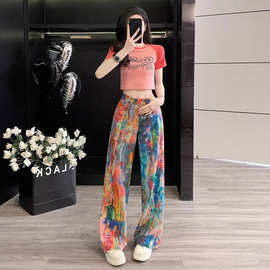 美式复古水洗泼墨油画调色盘牛仔裤子女2026春辣妹3D彩印拖地长裤