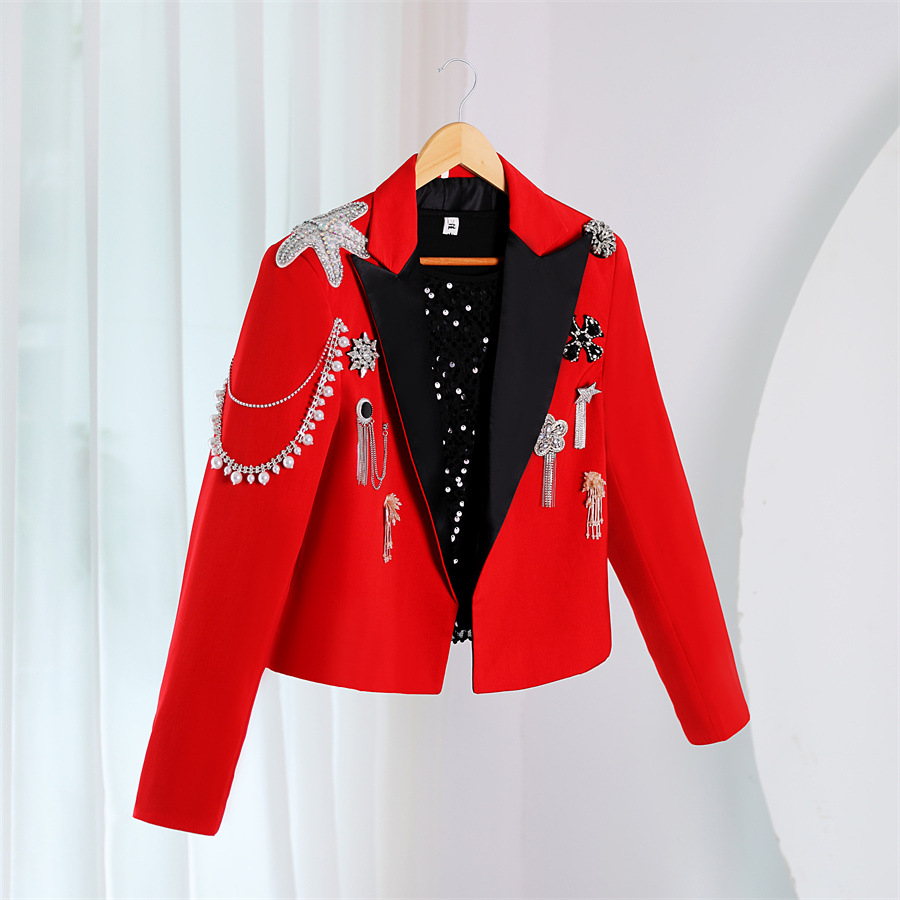 Cross-Border Hombres Rojo pesado hecho a mano de agua de ladrillo etapa desfile traje banquete invitado masculino discoteca cantante anfitrión vestido