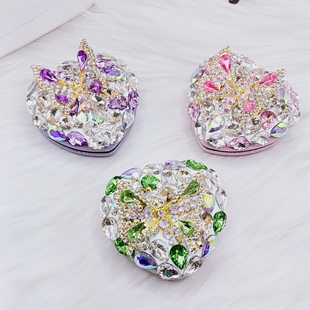 New crystal diamond folding mirror with moving three-dimensional butterfly decoration love mirror cosmetic mirror with keychain pendant