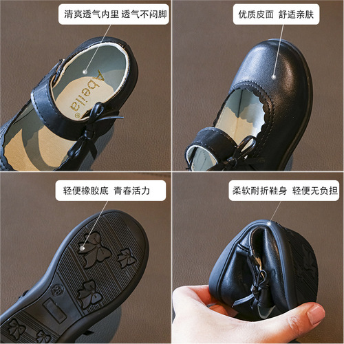 Girls' black leather shoes spring and autumn new soft-soled student shoes white flower girl school shoes British style children's performance shoes