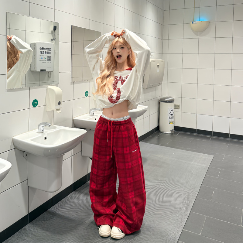Vintage Street Red Plaid Casual Pants for Women, Autumn Loose Fit, Slimming Sports Style, Jazz Dance Scimitar Pants