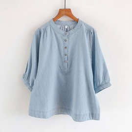 2025夏季新款条纹软牛仔 日式立领蝙蝠袖宽松衬衫女中袖