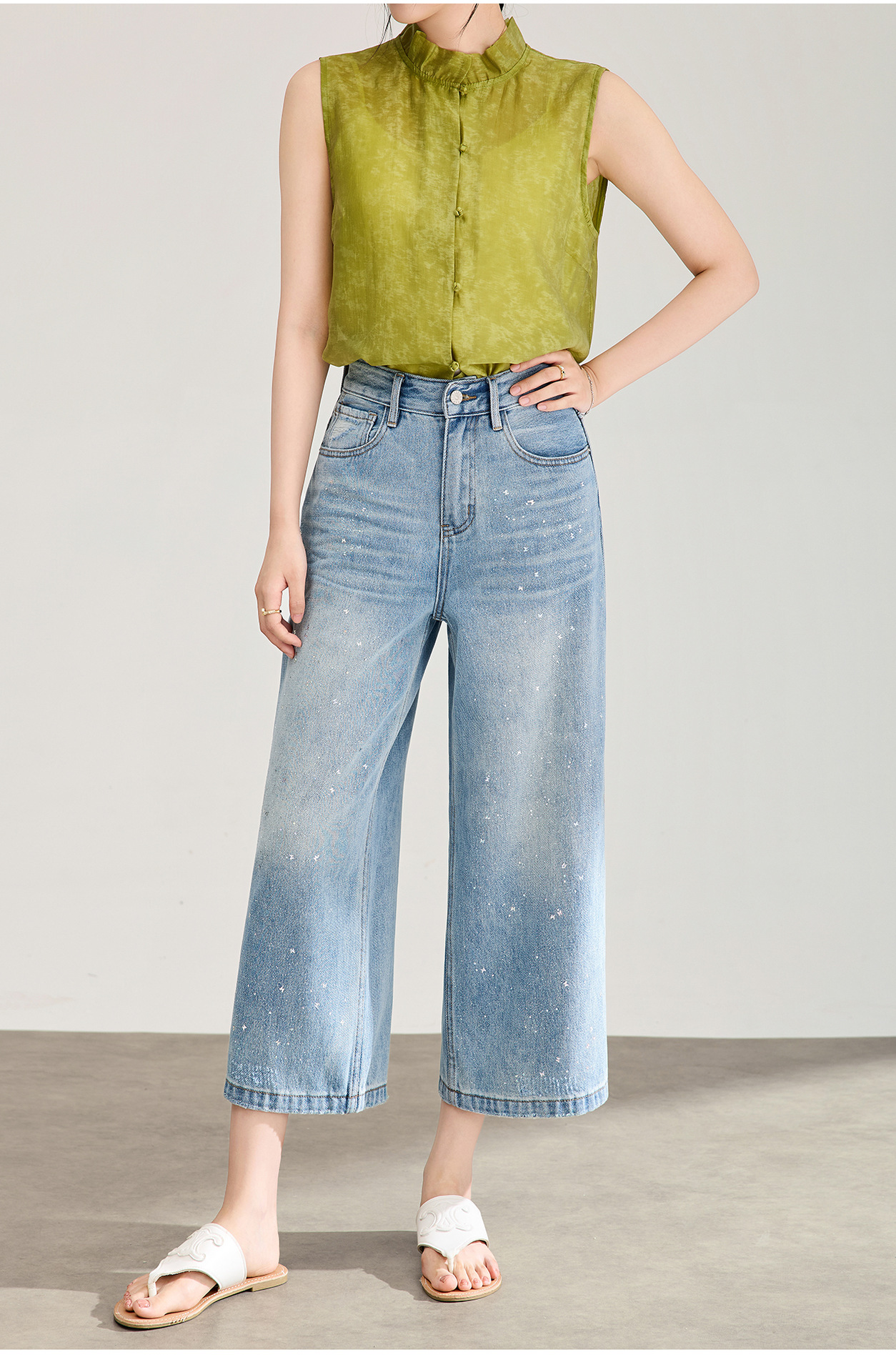 Quần jean nữ ống rộng cạp cao chất cotton mài trắng phối sequin bướm — xanh lam chi tiết 16