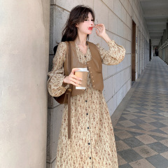 ファッショナブルなフレンチ花柄ドレスラッドベストウェアツーピース初秋ティービューティー長袖スカートカーディガン