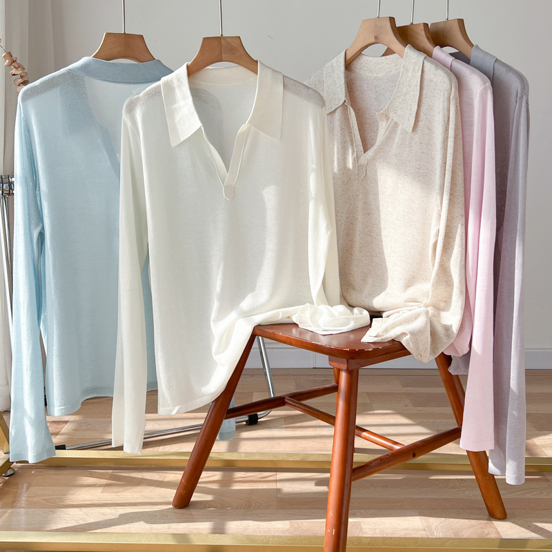 Powerful Factory Brand Linen Lyocell Long Sleeve Thin Knit T-Shirt for Women with Turn-Down Collar, Simple Loose Fit Air Conditioning Base Shirt Powerful Factory Brand Linen Lyocell Long Sleeve Thin Knit T-Shirt for Women with Turn-Down Collar, Simple Loose Fit Air Conditioning Base Shirt
