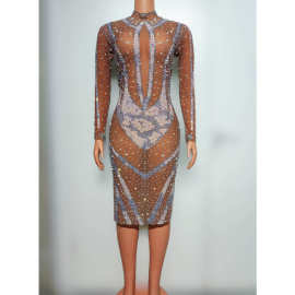 欧美时尚性感网纱烫钻晚会连衣裙透视修身弹力舞台演出服dress