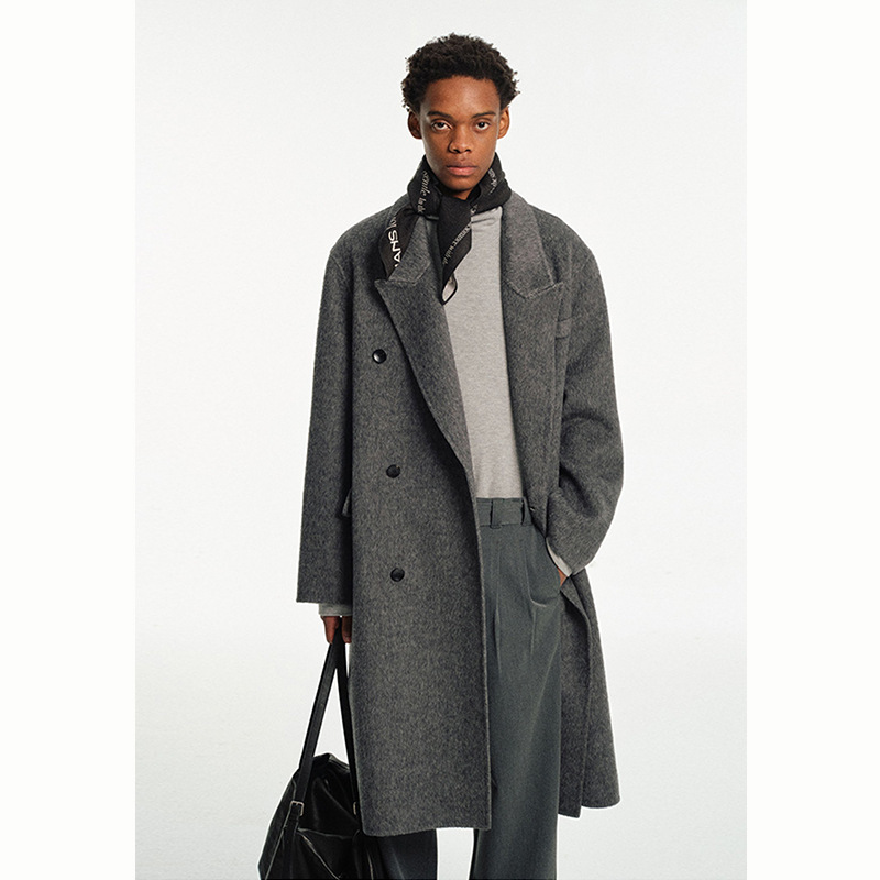 Men's Cashmere Coat with Notch Lapel, New Style, Light Business Casual, Loose Fit, Wool Blend, Thickened Woolen Overcoat, Long Style, Trendy