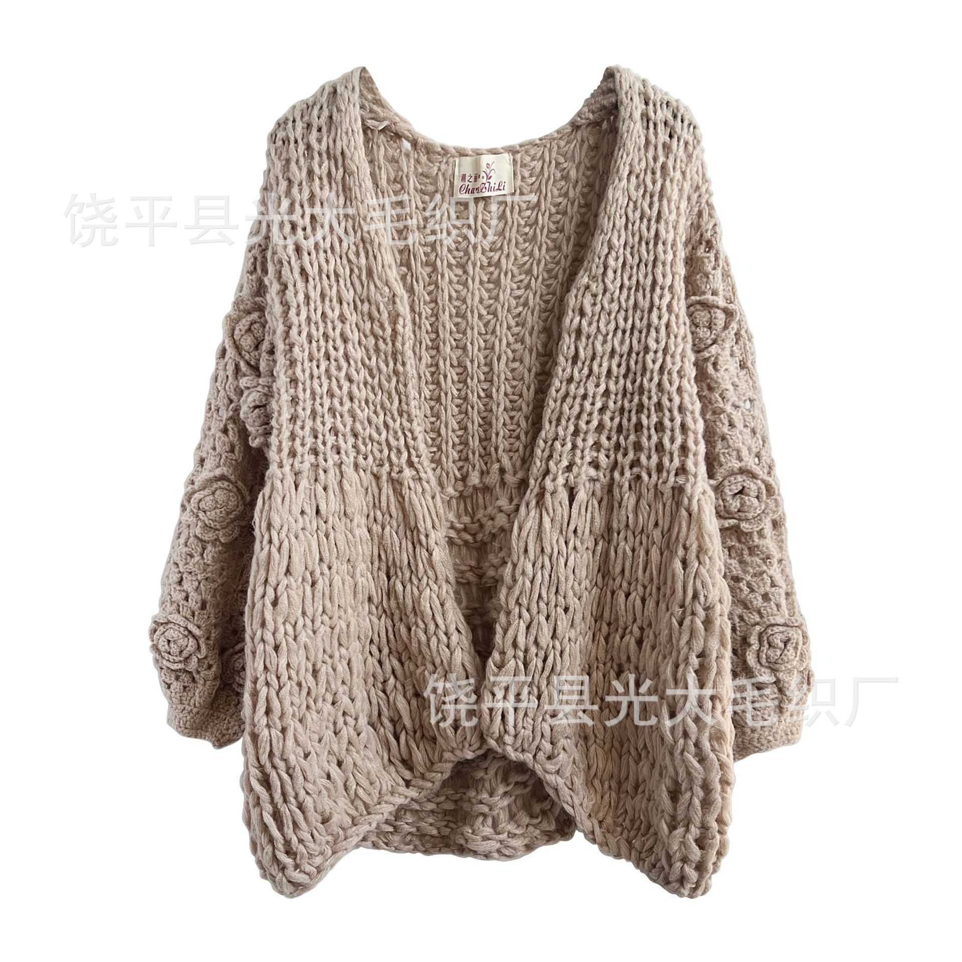 跨境货源手工制作手打棒针钩针外套镂空欧美定制秋冬款毛衣针织衫