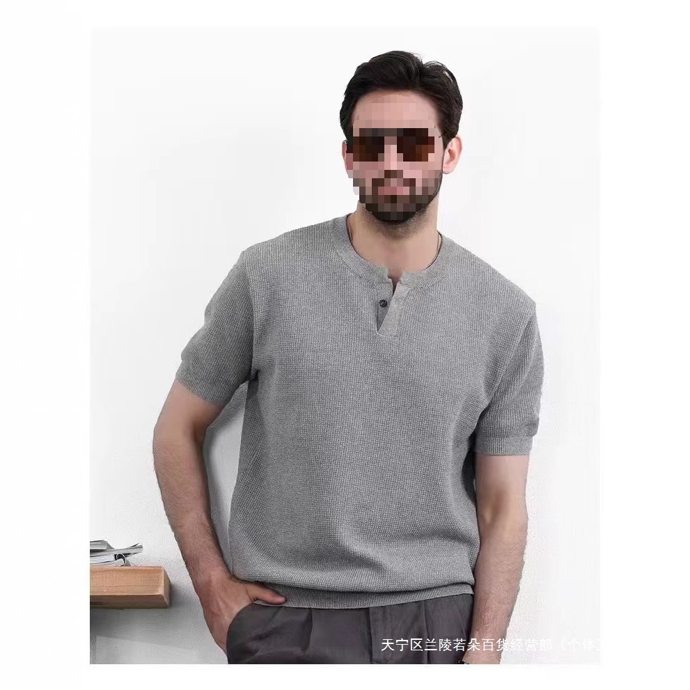 跨境2025年菠萝纹针法肌理感休闲简约男士时尚亨利领T恤纯色打底