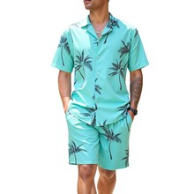 跨境外贸新款春夏季纯色男士两件套沙滩短袖衬衫短裤套装现货批发