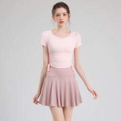 瑜伽服短袖T恤女抽繩收腰顯瘦上衣普拉提訓練服健身衣百褶裙套裝