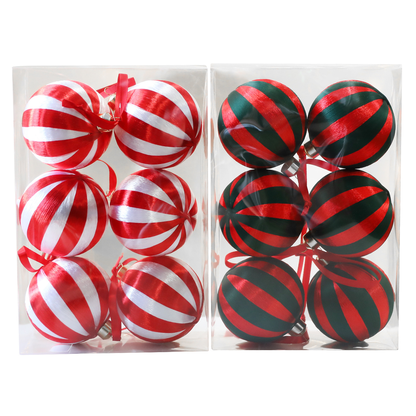 8CM Plastic Christmas Wrapped Ball Ornaments – 12-Piece Set (6 Red/Green & 6 Red/White, Foldable Box Packaging, Holiday Tree Decor, Window Display)_voghion.com