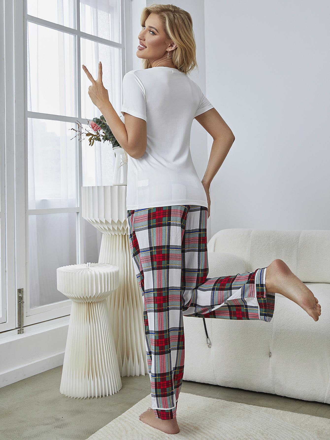 short-sleeved v neck loose plaid two-piece Loungewear-Can be worn outside NSWFC130341