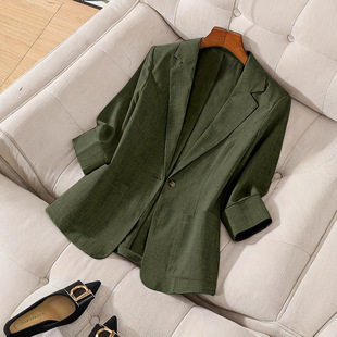 2025 European and American Cross-Border Single-Layer Pure Color Lapel Button Large Flap Pocket Pants Three-Quarter Sleeve Suit Jacket