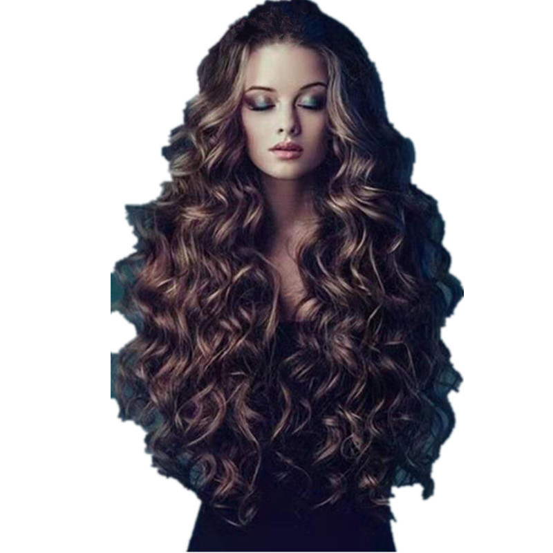 Amazon sintético esponjoso COS peluca marrón damas europeas y americanas cabello largo rizado gran onda rosa peluca peluca image 2