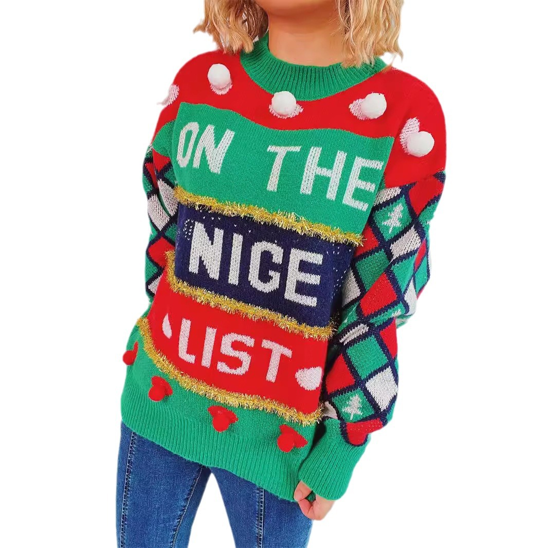 Damenbekleidung Buchstaben-Jacquard-Pullover mit goldener Linie, gestreift, lockerer Rundhalspullover, Weihnachtspullover_voghion.com