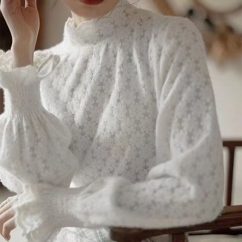Fleece-lined Thickened Half-high Collar Lace Bottoming Shirt For Women