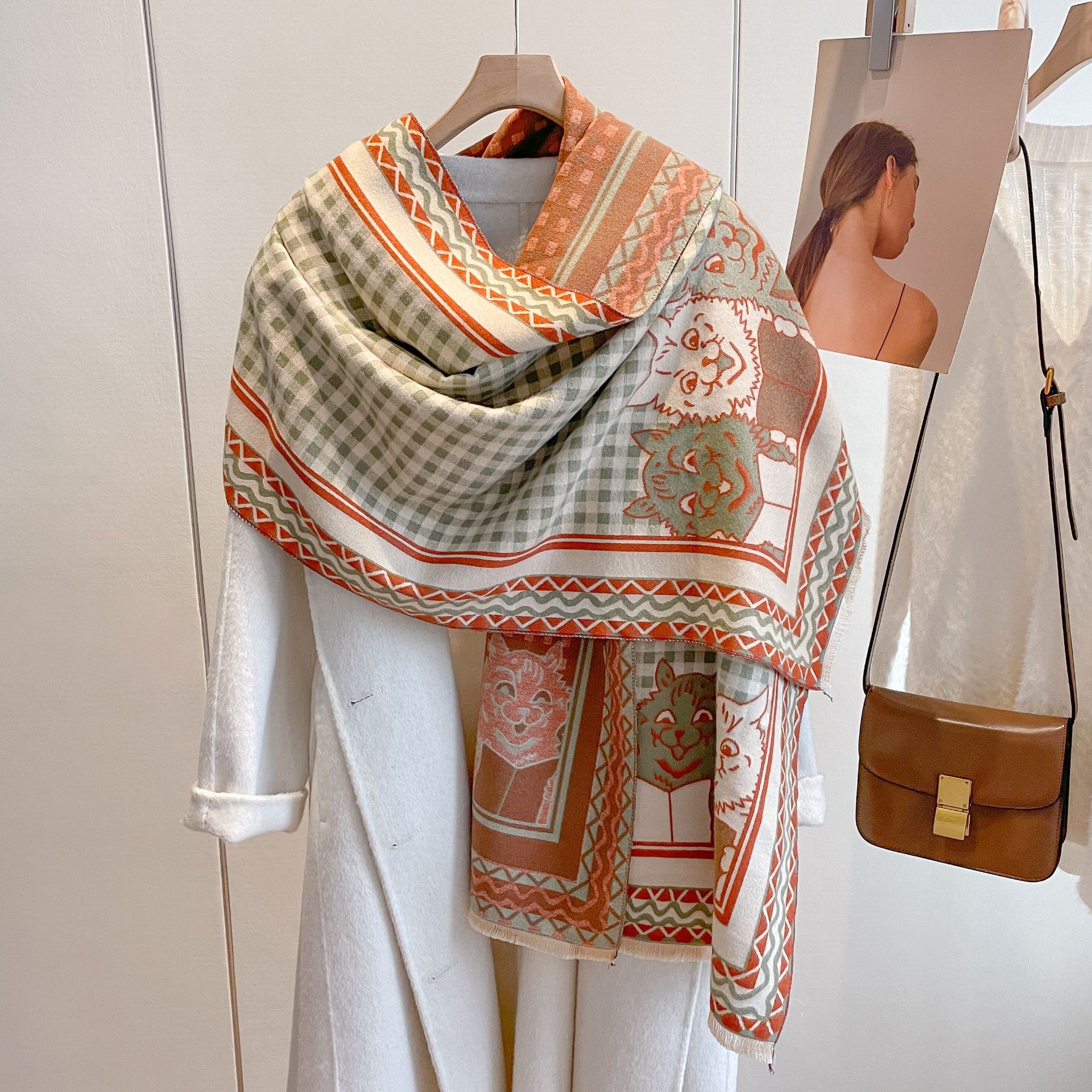 2023 nuevo estilo coreano versátil bufanda engrosada chal otoño e invierno cálido cachemir-como plaid gatito impreso bufanda para mujeres