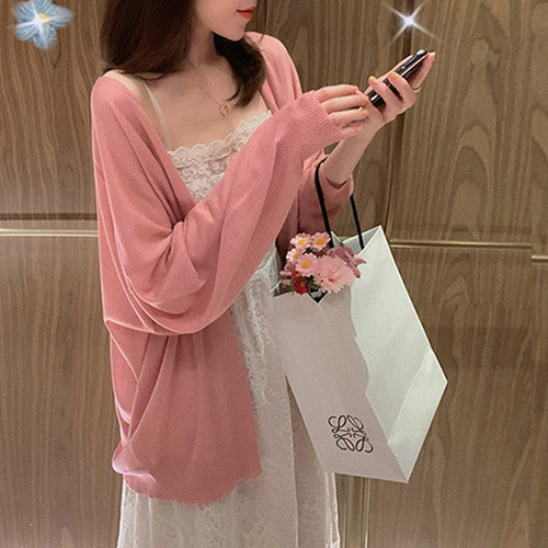 Summer Minimalist Sun Protection Knit Cardigan, Thin Women's Matching Slip Dress, Outerwear Sweatshirt, Ice Silk Shawl, Fairy Long Sleeve