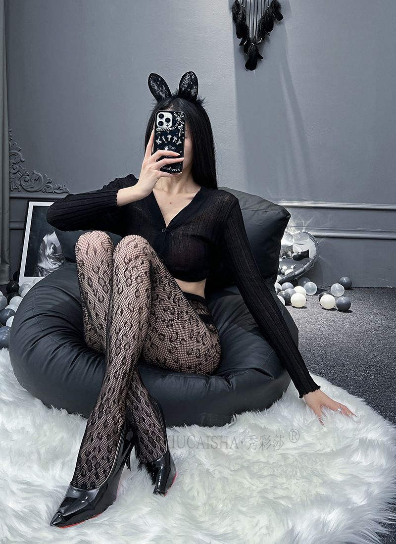 Fishnet Lace Jacquard Stockings, Black One Size, Cut-Out Tattoo Style — detail image 7