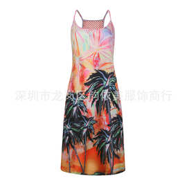 亚马逊独立站ebay 跨境欧美速卖通女士网布大V吊带印花宽松连衣裙