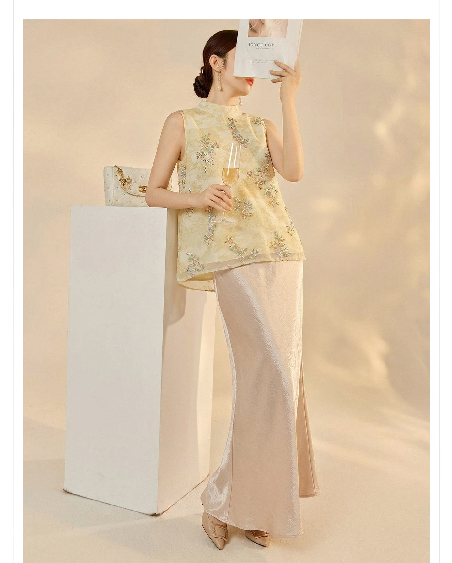Bộ áo vest không tay lưới thêu đính cườm phong cách Tân Trung Hoa kèm chân váy nửa kín ZX P0337 — bộ đồ, Champagne màu nửa váy, Áo khoác màu mơ chi tiết 10