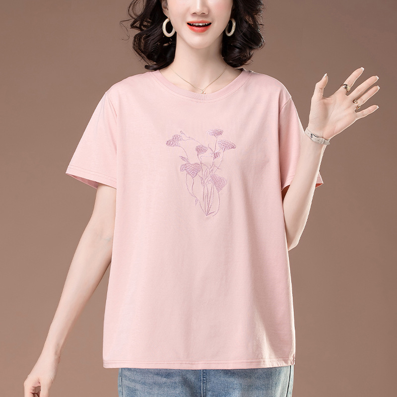Short-sleeved T-shirt Women's Summer New Plus Size Women's Loose Middle-aged Mother Embroidered Western Style Half-sleeved T-shirt 6362