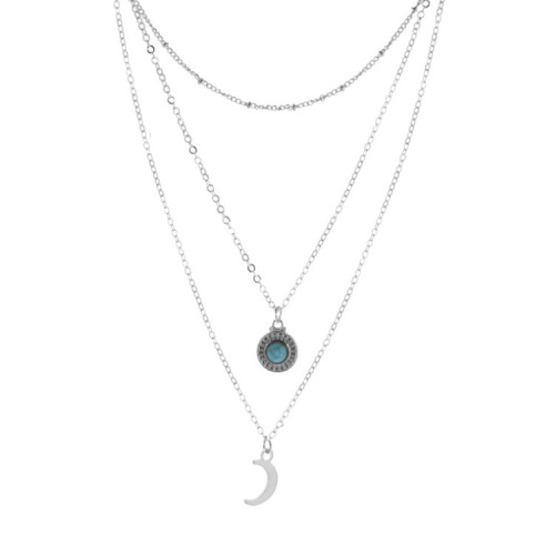 Trendy, Versatile European & American-style Accessories: Instagram-Favorite Turquoise Multi-Layer Necklace for Women – Featuring a Chic Metal Moon Pendant Choker