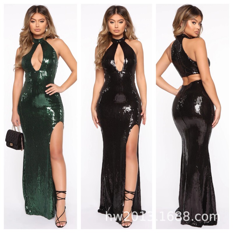 European and American Foreign Trade Women's Peach Heart Collar Bright Pieces Stitching Sexy Exposed Waist Sexy Slim-fit Large Slit dress Dress