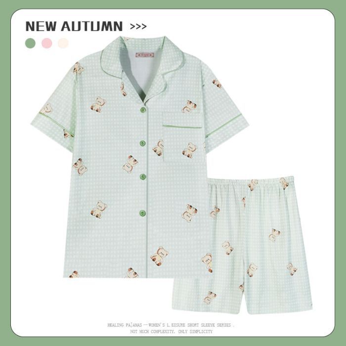 Venta al por mayor transfronteriza 180g pijamas de algodón de imitación mujeres rebeca de verano de manga corta traje de ropa de casa de dibujos animados lindo