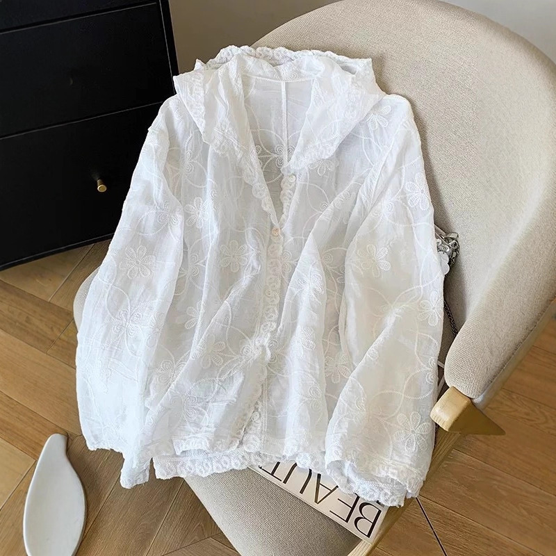 Korean Heavy-Duty Lace Embroidered Hooded Sun Protection Shirt for Women Summer Thin Loose Breathable Air-Conditioned Shirt Top Blouse