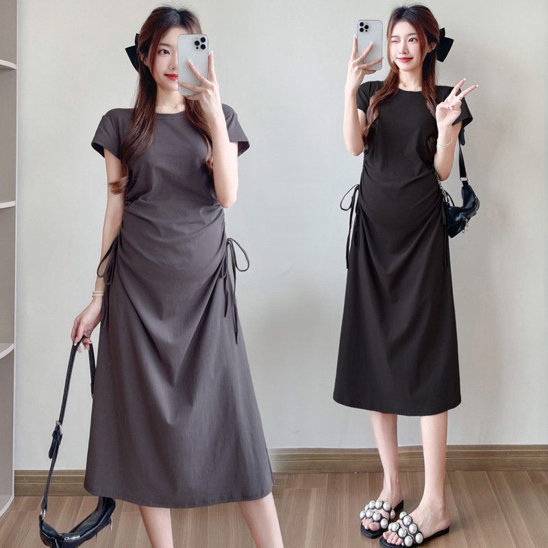Pregnant Women's Summer Short-sleeved Drawstring Mid-length Summer T-shirt Skirt Korean Fashion Drawstring Loose Slimming dress Pregnant Women's Summer Short-sleeved Drawstring Mid-length Summer T-shirt Skirt Korean Fashion Drawstring Loose Slimming dress