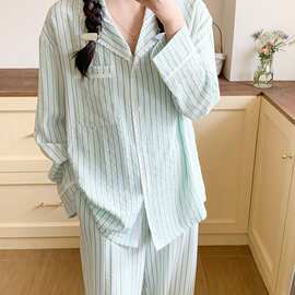 韩系条纹简约舒适睡衣花边套装休闲宽松慵懒家居服