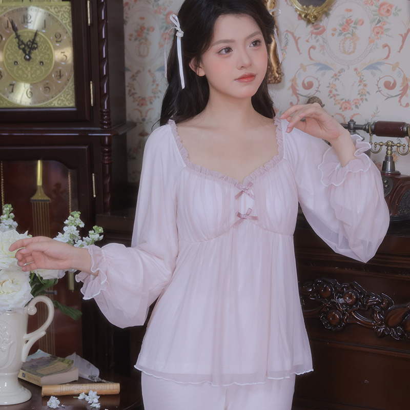 Retro Palace Peach-Shaped Large Neckline with Breast Pad Pajamas Set Modal Mesh Long-Sleeved Pants Girls Home Clothes Retro Palace Peach-Shaped Large Neckline with Breast Pad Pajamas Set Modal Mesh Long-Sleeved Pants Girls Home Clothes