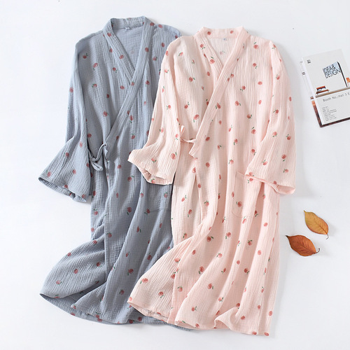 Japanese kimono nightgown for women pure cotton crepe gauze pajamas and style bathrobe steaming home clothes spring and summer thin bathrobe